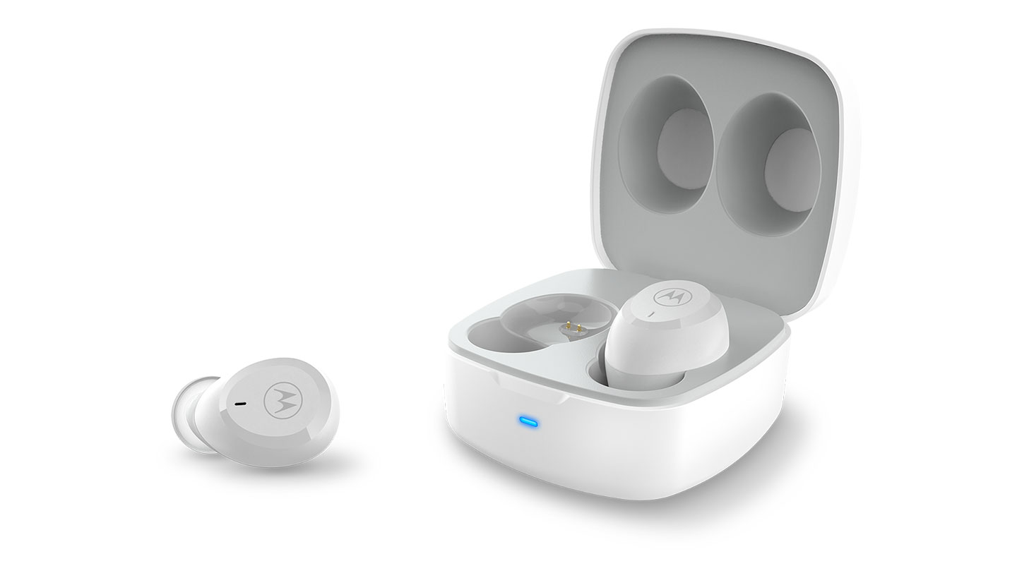True wireless MOTO Earbuds 100 with charger in white