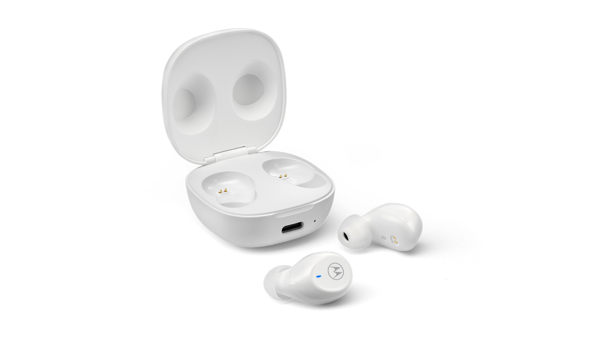 MOTO Buds 105 White - Product image True wireless MOTO Earbuds 105 with charger in white